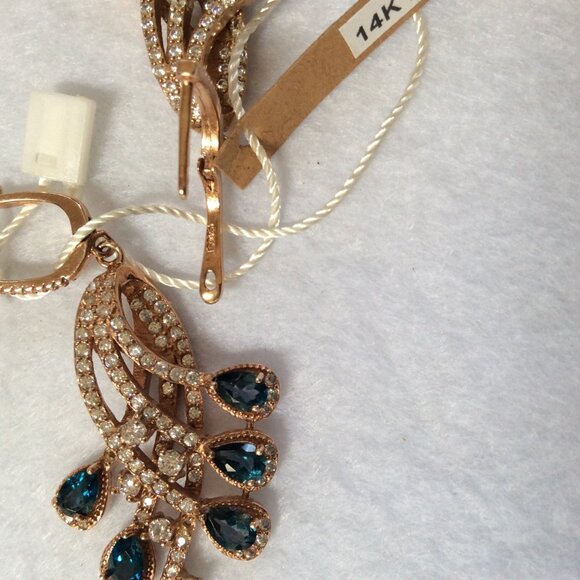 NWT 14K ROSE GOLD London Blue Topaz & CZ LARGE Earrings MSRP $750 - Picture 4 of 6